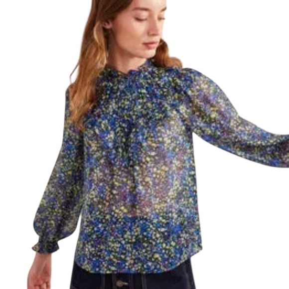 Boden V Yoke Flounce Sheer Floral Blouse Top Nebulas Blue Ruffle Size 4 - Picture 2 of 10